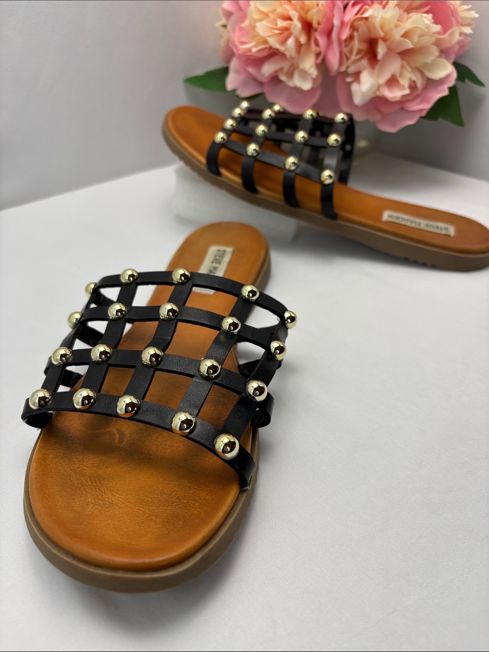 Steve Madden Womens 10 Black Studded Cage Slide Sandals#712